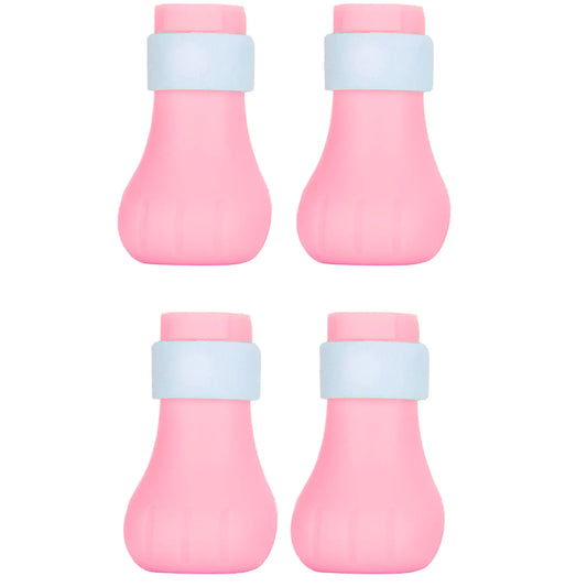 Four pink bottles with light blue bands on a white background