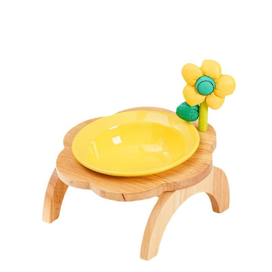 Purrfect Pet Kingdom Cat Food Bowl With Wood Holder Stand Flower Shaped Ceramic F (Yellow) - Premium Pet Bowls & Feeders
