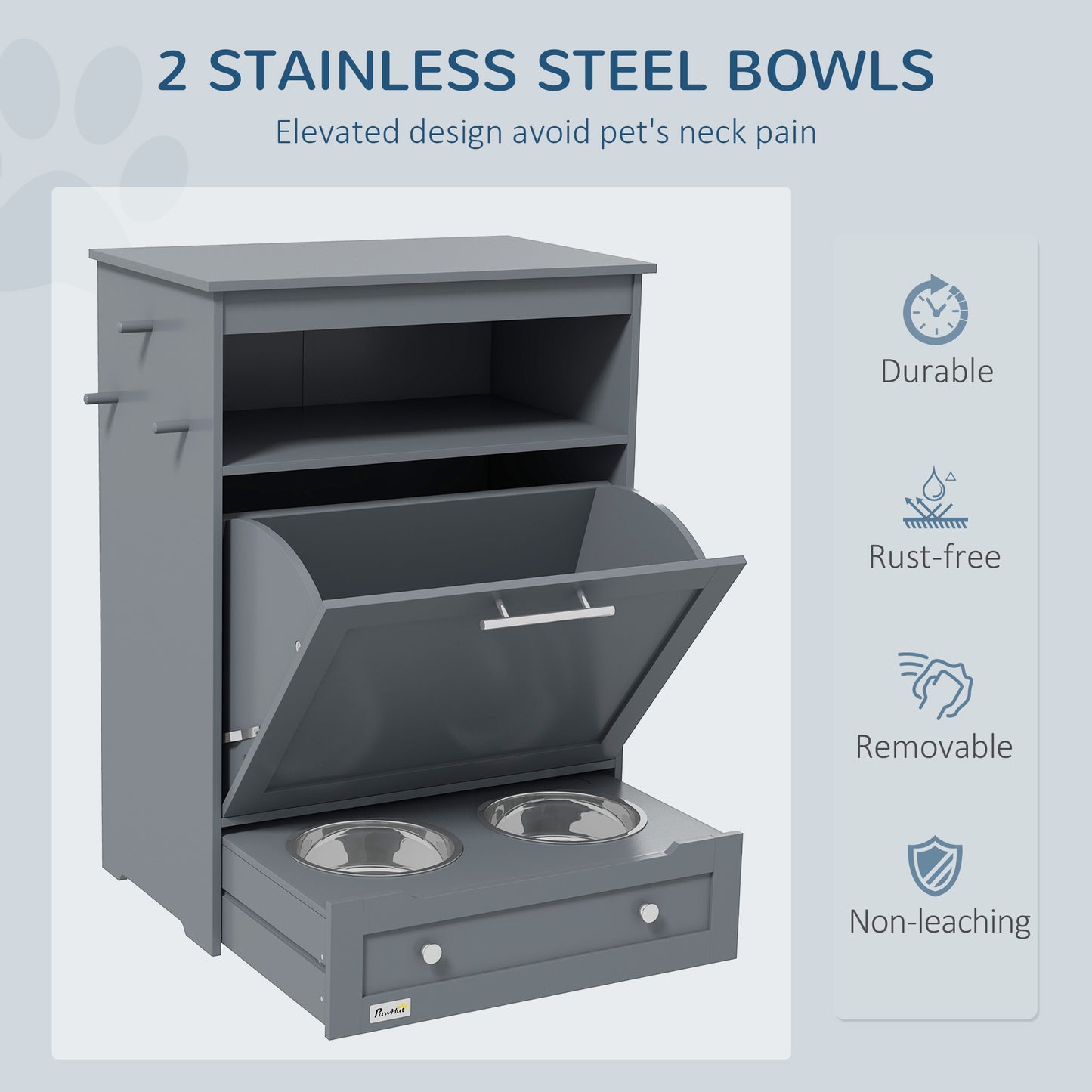 Gray Purrfect Pet Kingdom feeder station with tilted storage bin and drawer holding 2 stainless steel bowls.