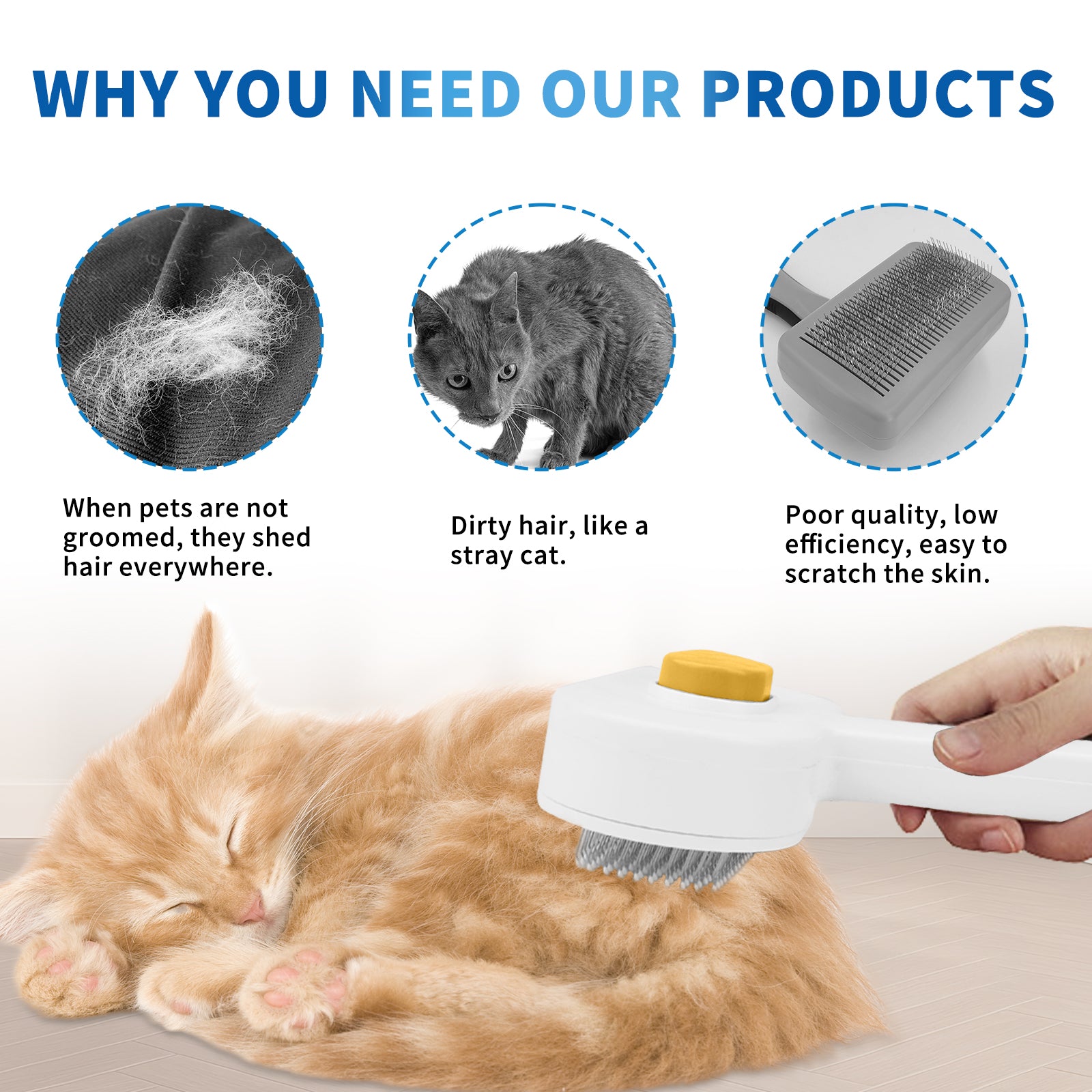 Purrfect Pet Kingdom white plastic deshedder with yellow button and fine bristles grooming an orange cat.