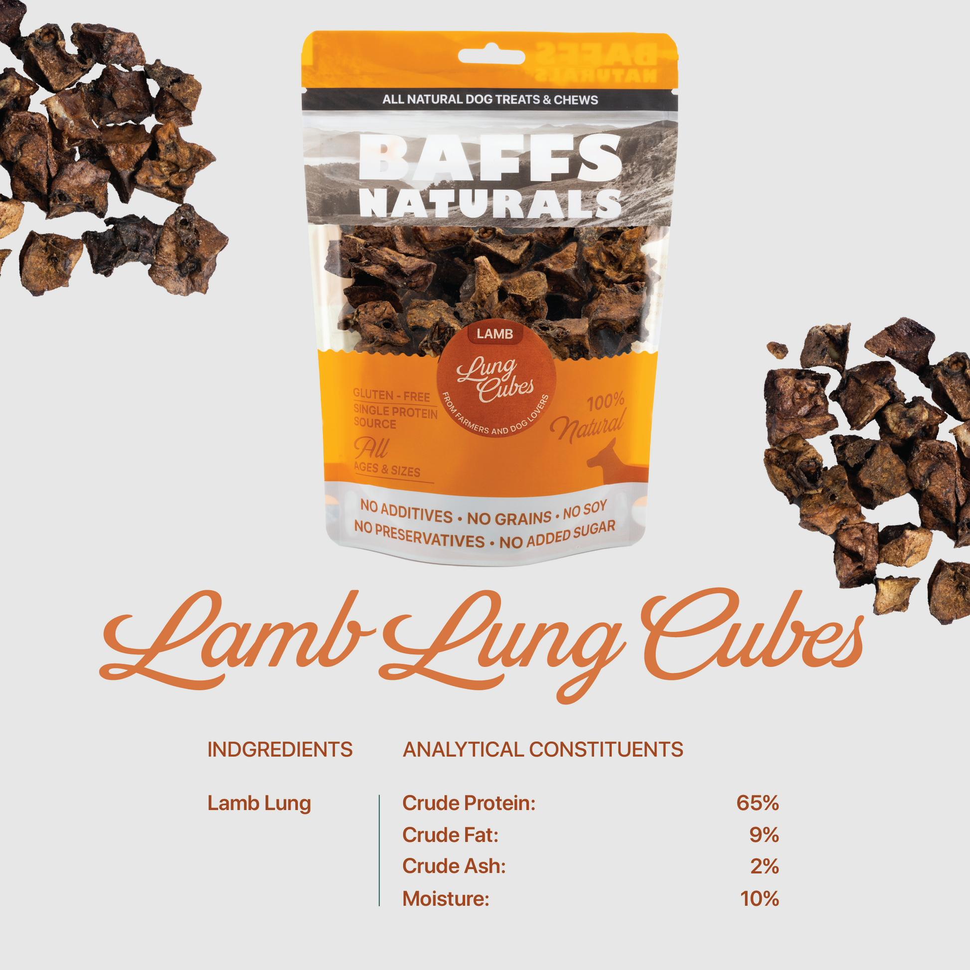 BAFFS Naturals lamb lung cubes 7oz bag of healthy dog treats with natural ingredients