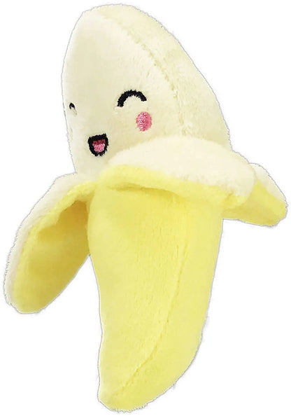 Banana Tiny Tots Plush Foodies dog toy in bright yellow by The Pet Shop, perfect for playful pets, priced at $7.99.