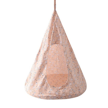 Purrfect Pet Kingdom pink floral linen hanging cat nest. Teardrop-shaped suspended bed with a circular opening.