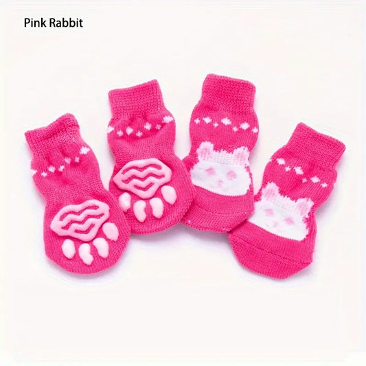 Cute Paw Hot Pink Non-Skid Bottom Warm Pet Socks - 4pc