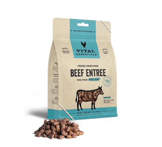 Beef Mini Nibs Dog Food by Vital Essentials in a 5.5 oz package, from Purrfect Pet Kingdom®, ideal for pet nutrition.