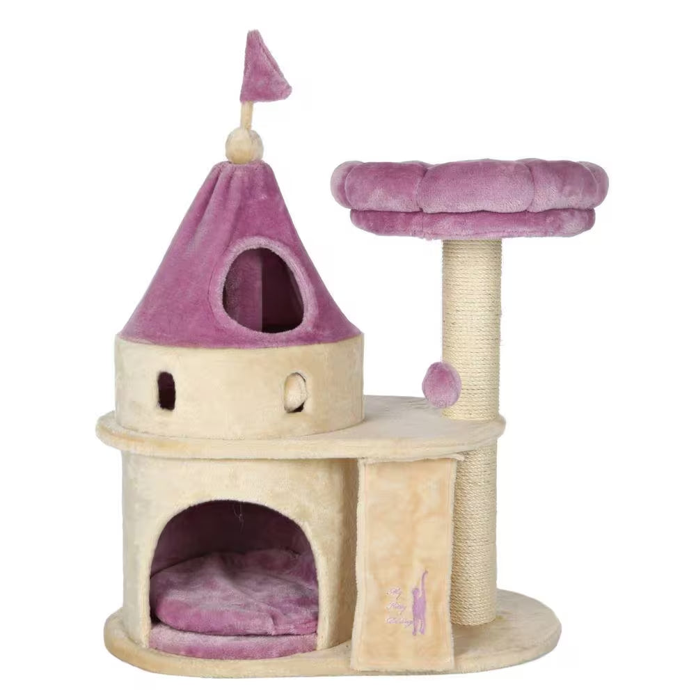 Beige purple cat condo with a castle design, a cozy hideaway, and a raised perch for playful cats