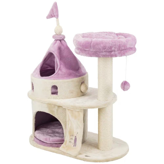 Beige purple cat condo with a cozy hideaway and elevated platform for playful cats