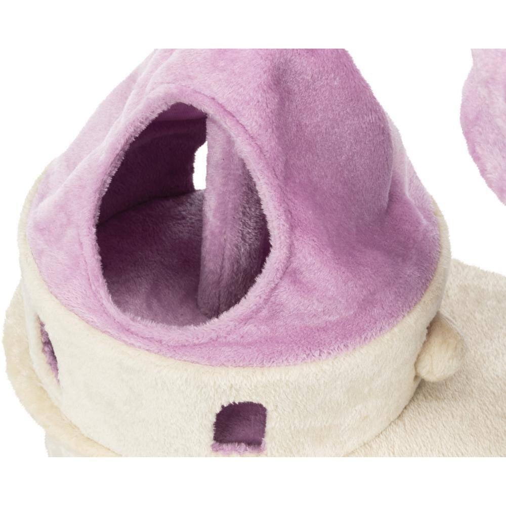 Close-up of a beige purple cat condo with a soft interior for cat lounging and play