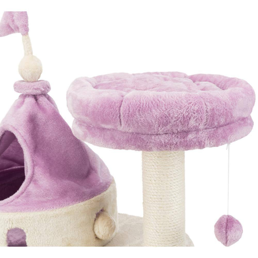Beige purple cat condo with soft plush fabric and a tower with a hanging toy for playful cats