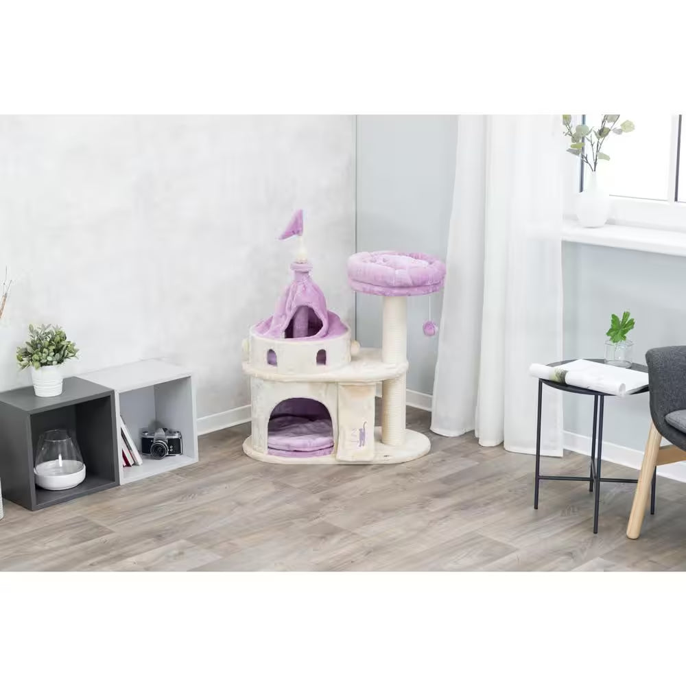 Beige purple cat condo with multi-level design and soft plush fabric for playful cats