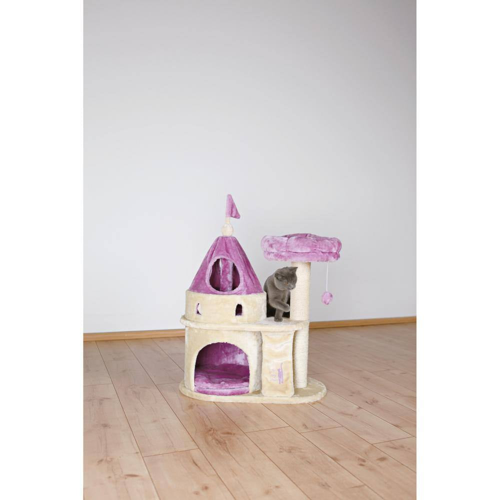 Beige purple cat condo with castle design, soft materials, and multi-level platforms for playful cats