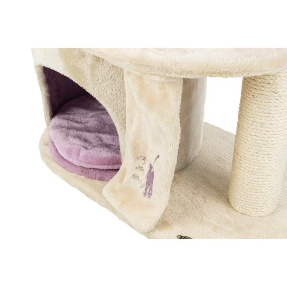 Cozy beige purple cat condo with a plush entrance and soft sleeping area for cats