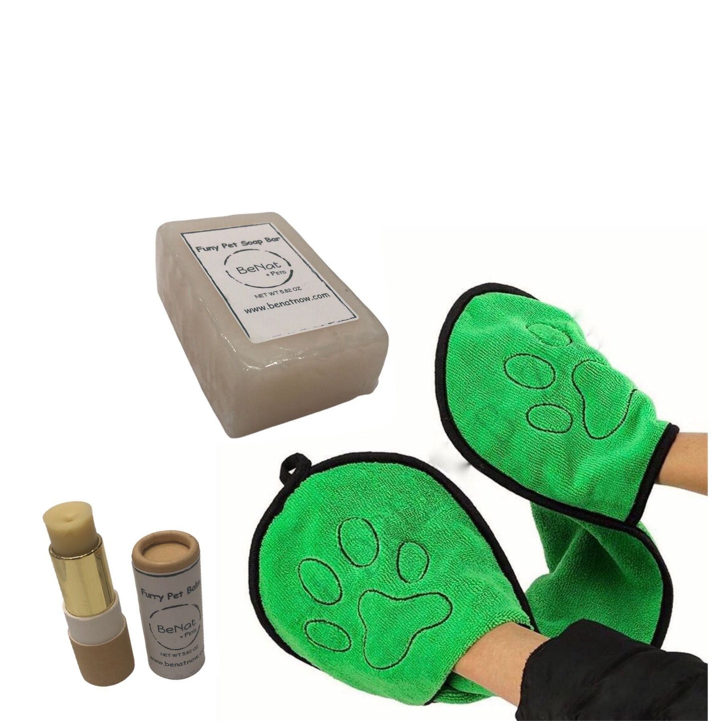 Natural pet grooming products including a soap bar and grooming mitts in vibrant green for easy pet care
