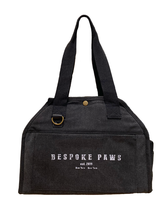BESPOKE PAWS portable dog and cat carrier in black with sturdy handles and exterior pockets