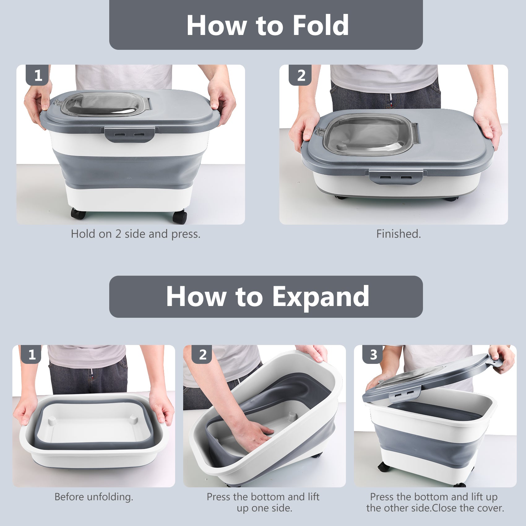 Purrfect Pet Kingdom instructions showing how to fold and expand the best pet food container with lid