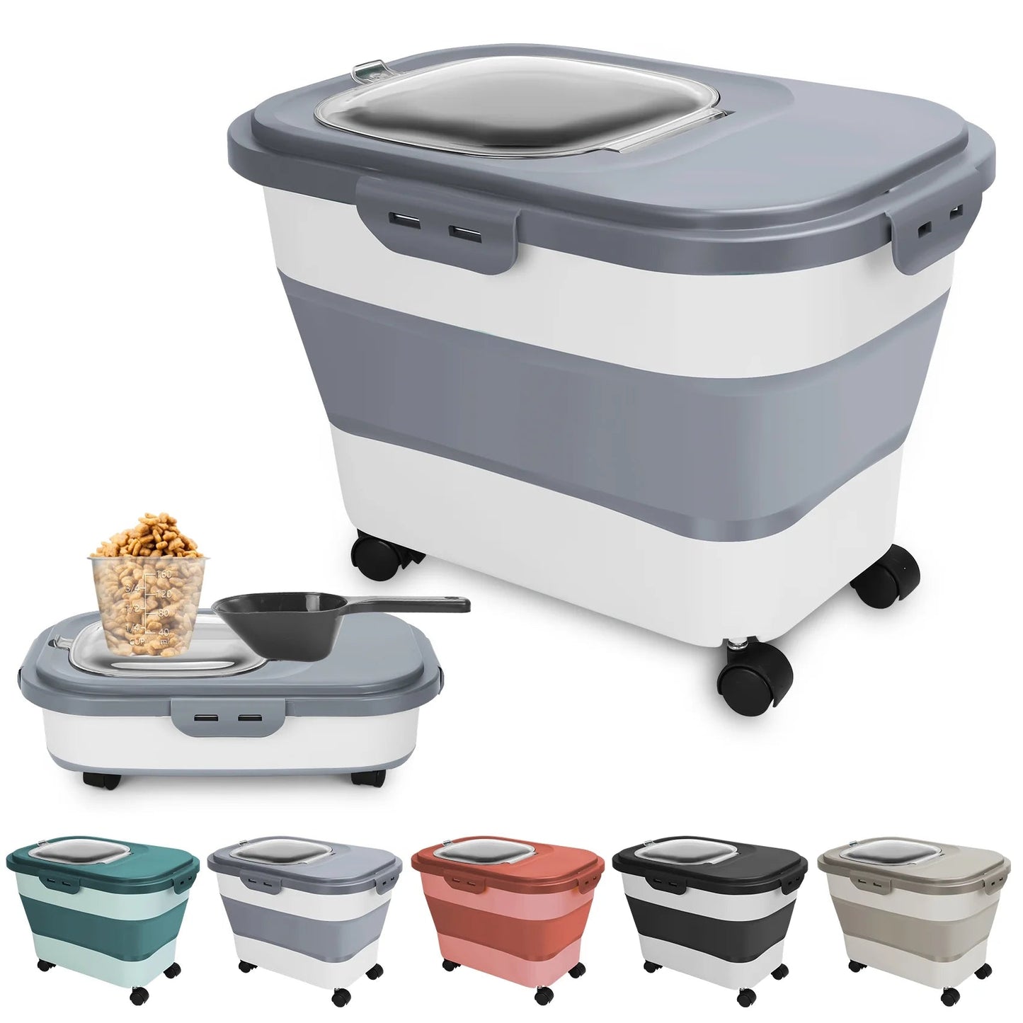 Purrfect Pet Kingdom best pet food container with lid designed in gray and white, includes measuring scoop