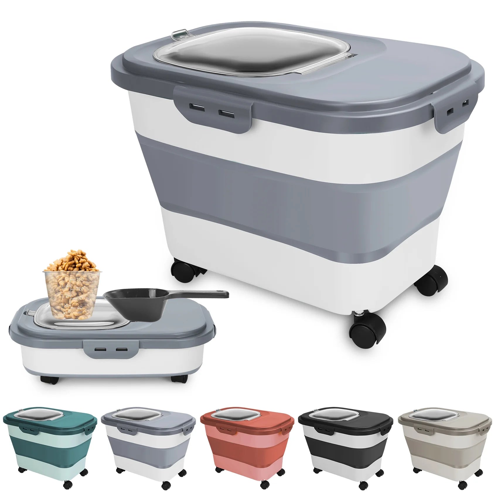 Purrfect Pet Kingdom best pet food container with lid designed in gray and white, includes measuring scoop