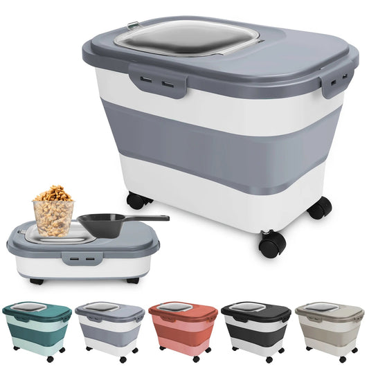 Purrfect Pet Kingdom best pet food container with lid designed in gray and white, includes measuring scoop