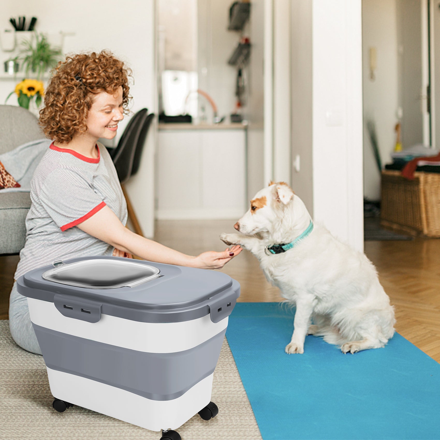 Purrfect Pet Kingdom best pet food container with lid in a stylish home setting with a dog