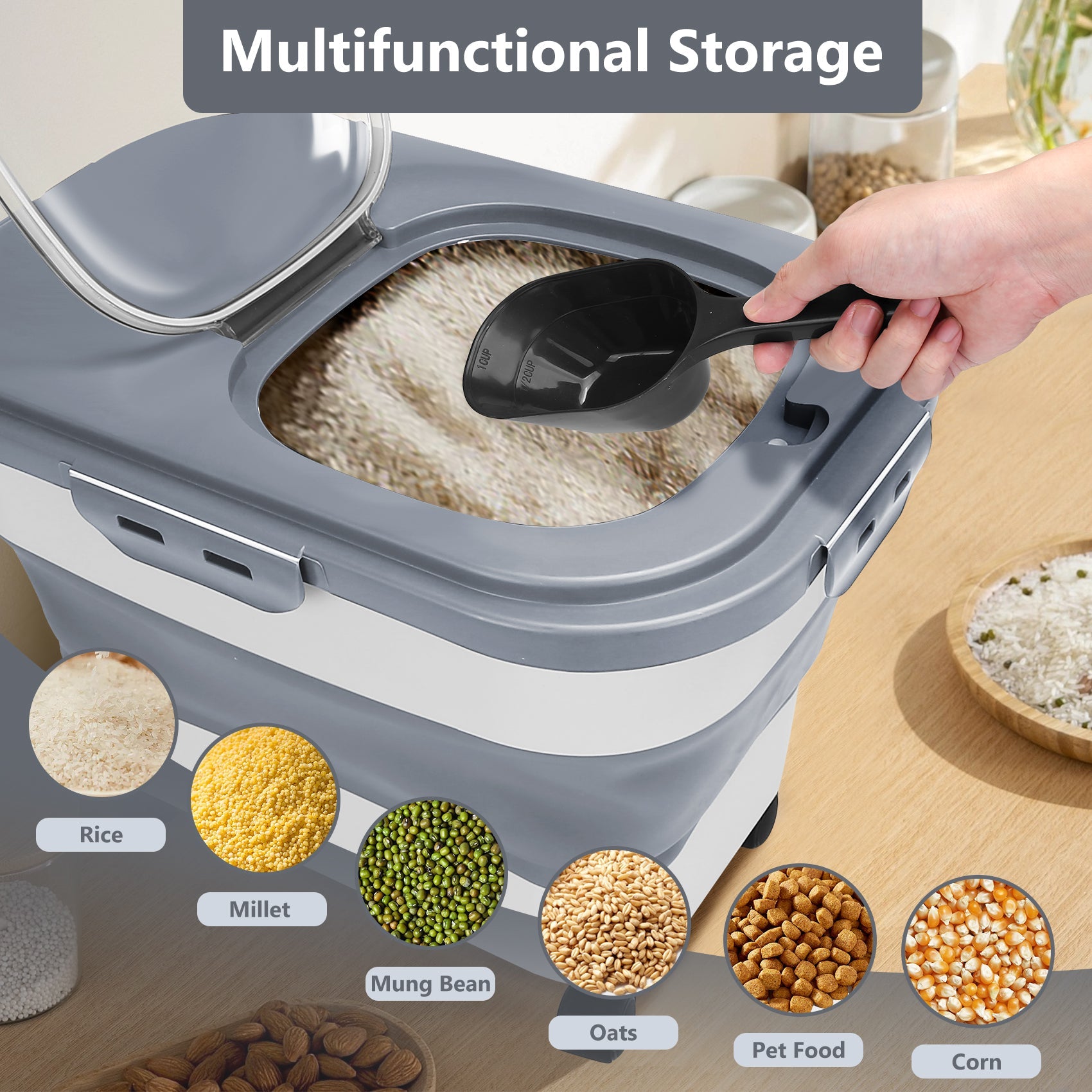 Best pet food container with lid for multifunctional storage of grains and pet food