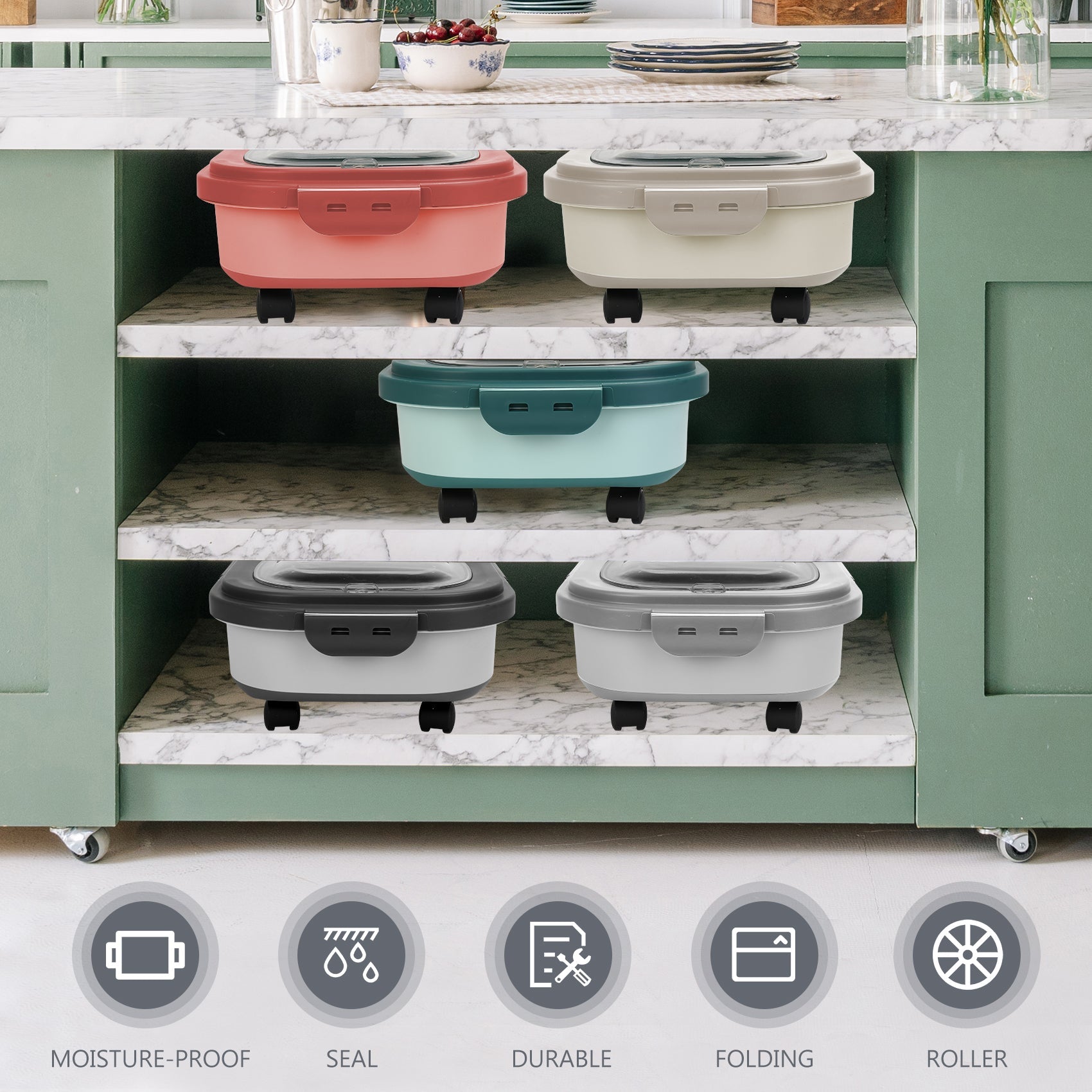 Purrfect Pet Kingdom best pet food container with lid in various colors on a stylish kitchen shelf