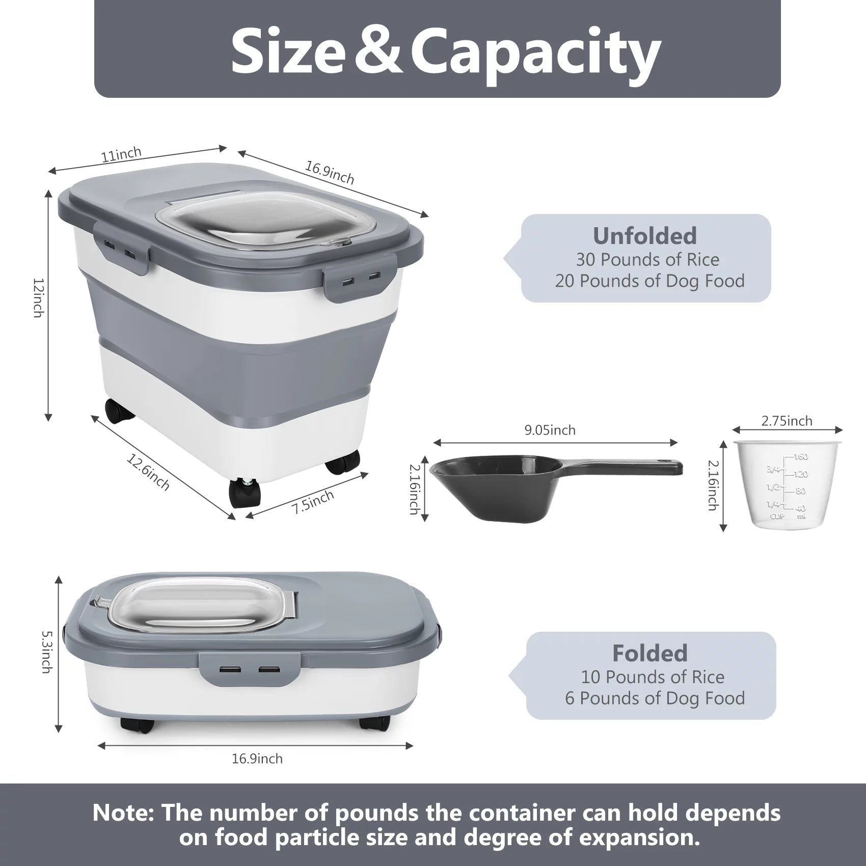 Purrfect Pet Kingdom best pet food container with lid, 30 pounds capacity for rice and 20 pounds for dog food