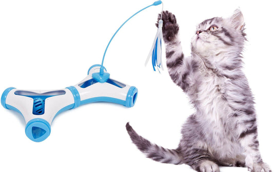 Gray kitten playing with blue and white interactive toy by Purrfect Pet Kingdom best puzzle toy for kittens