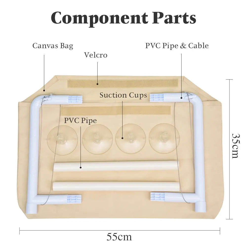 Component parts of best window seat for cats by Purrfect Pet Kingdom with canvas bag PVC pipes and suction cups