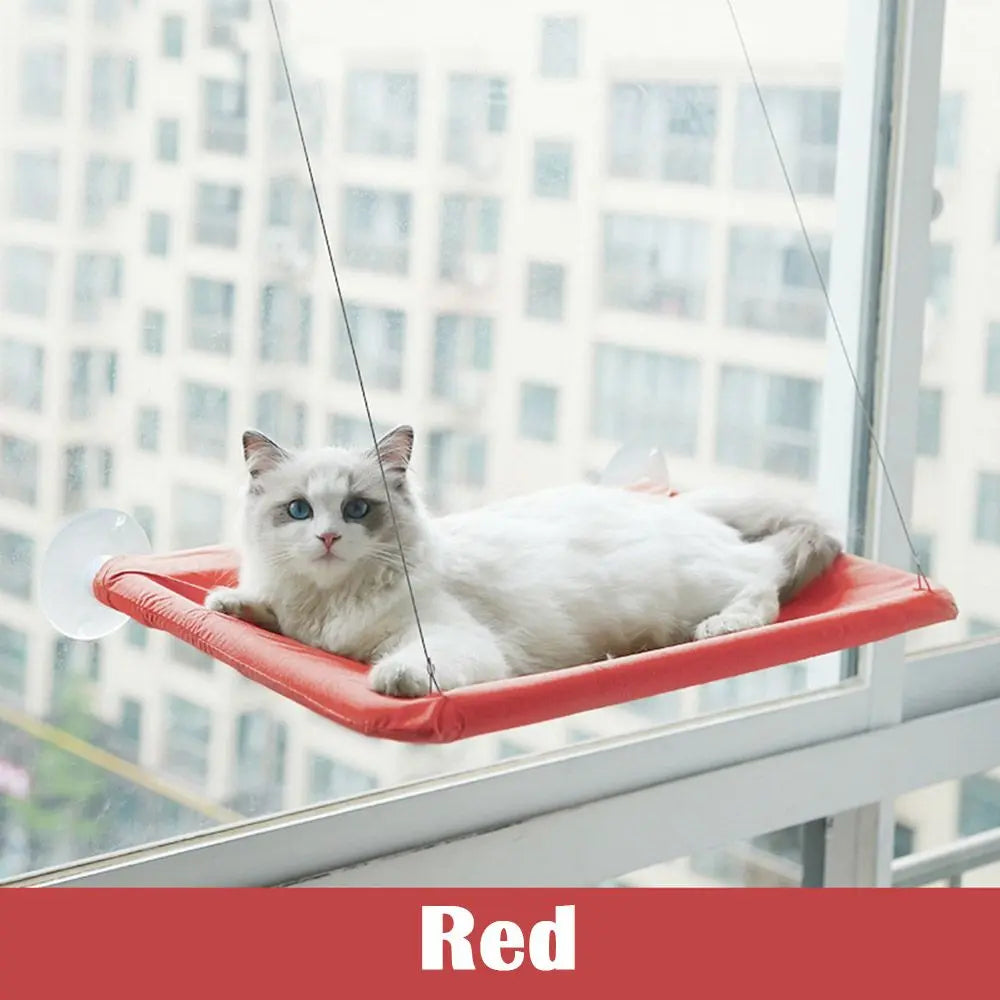 Red elevated cat perch hanging on window showcasing the best window seat for cats with a white and gray cat lounging