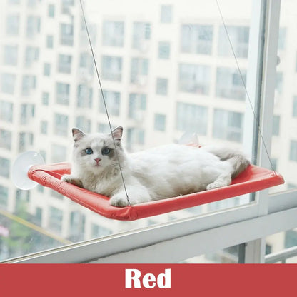 Red elevated cat perch hanging on window showcasing the best window seat for cats with a white and gray cat lounging
