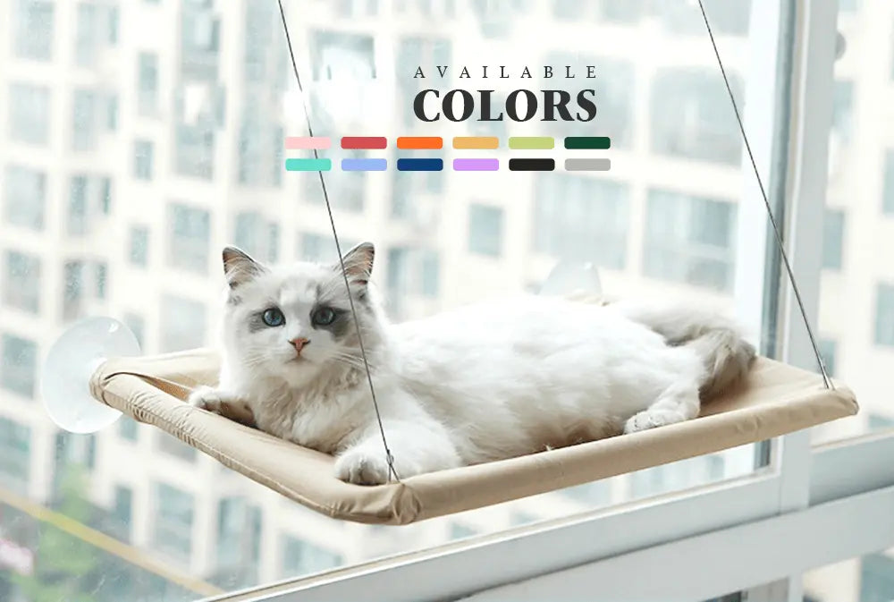 Purrfect Pet Kingdom beige elevated cat perch with white cat lounging on best window seat for cats