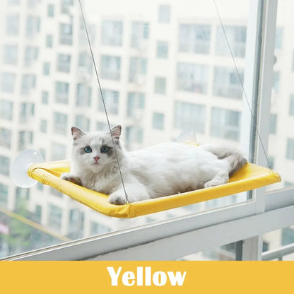 Yellow elevated cat perch by Purrfect Pet Kingdom with a white cat lounging on the best window seat for cats