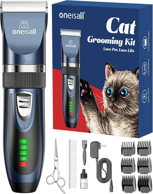 Cat grooming kit with oneisall brand hair trimmer and accessories on a white background