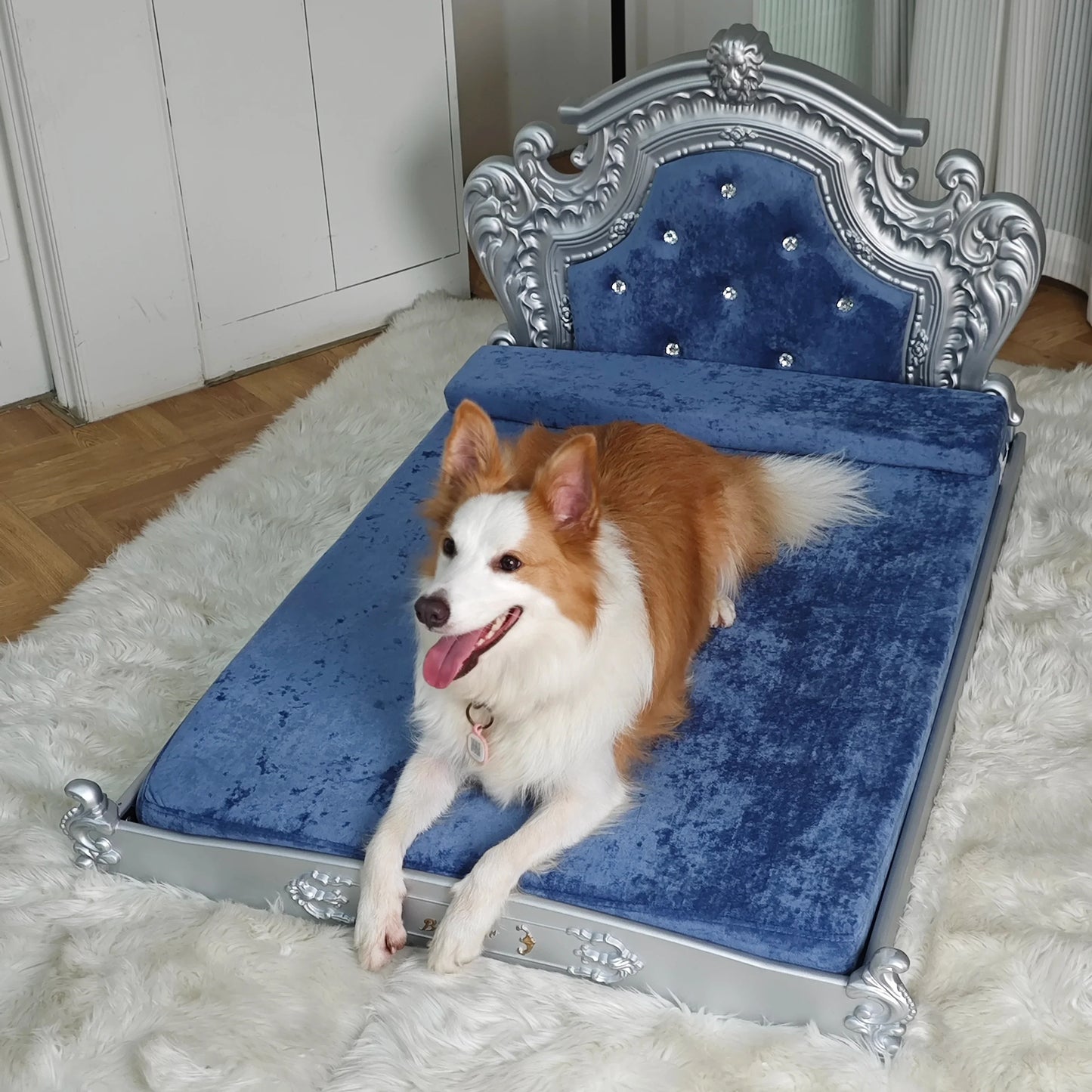 Luxurious large dog bed for big dogs with plush velvet cushioning and ornate frame design