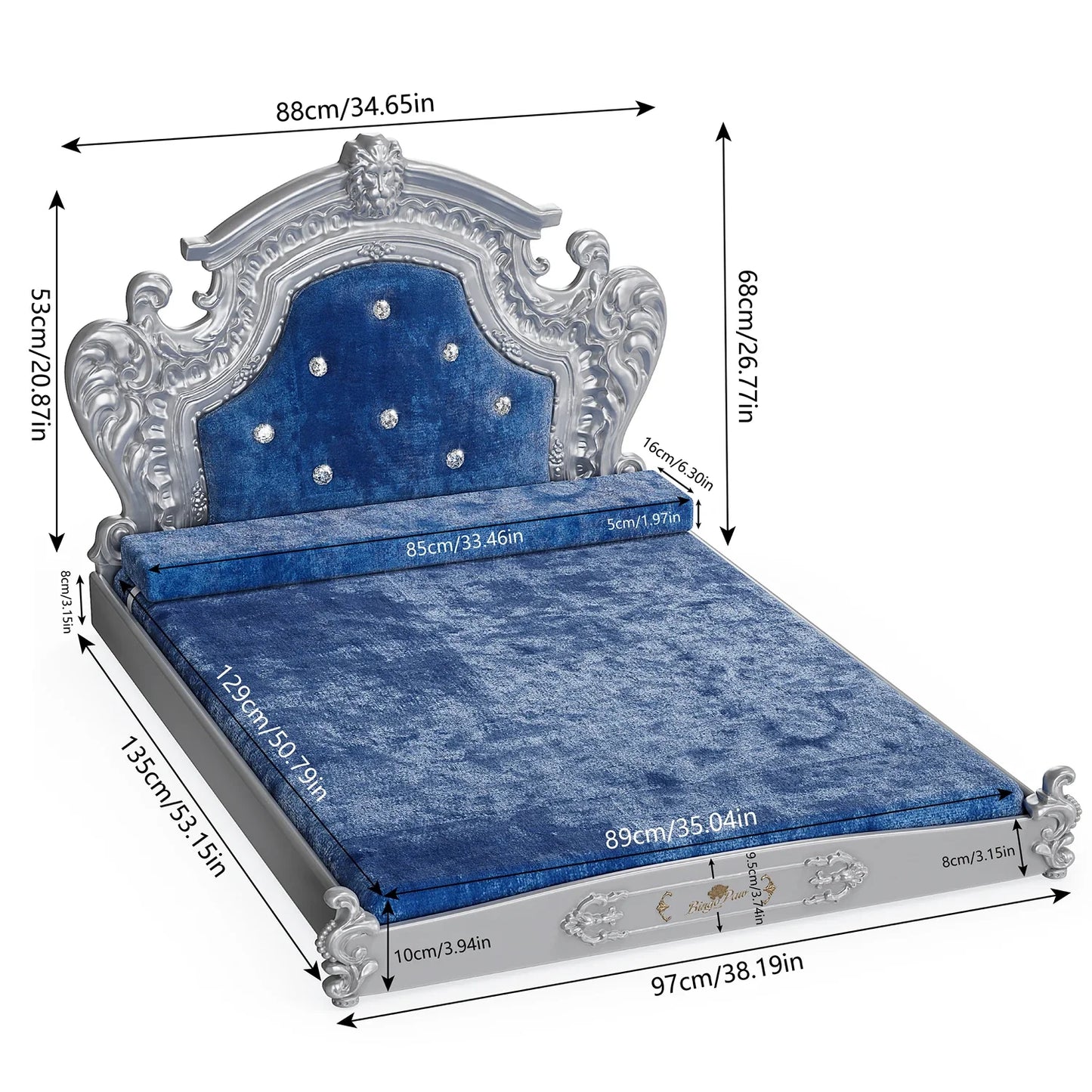 Elegant Tail Chasers large dog bed for big dogs in blue velvet with ornate silver frame