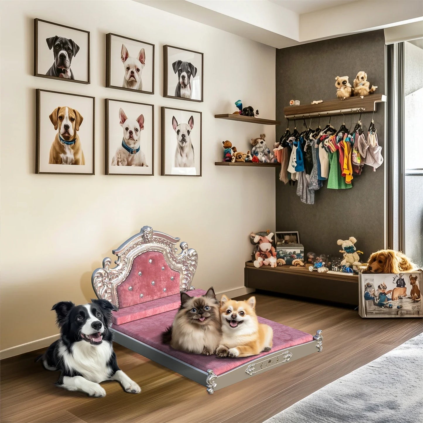 Elegant large dog bed for big dogs in a stylish living room with two happy dogs resting comfortably