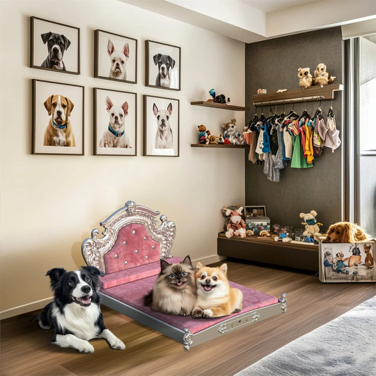 Elegant large dog bed for big dogs in a stylish living room with two happy dogs resting comfortably