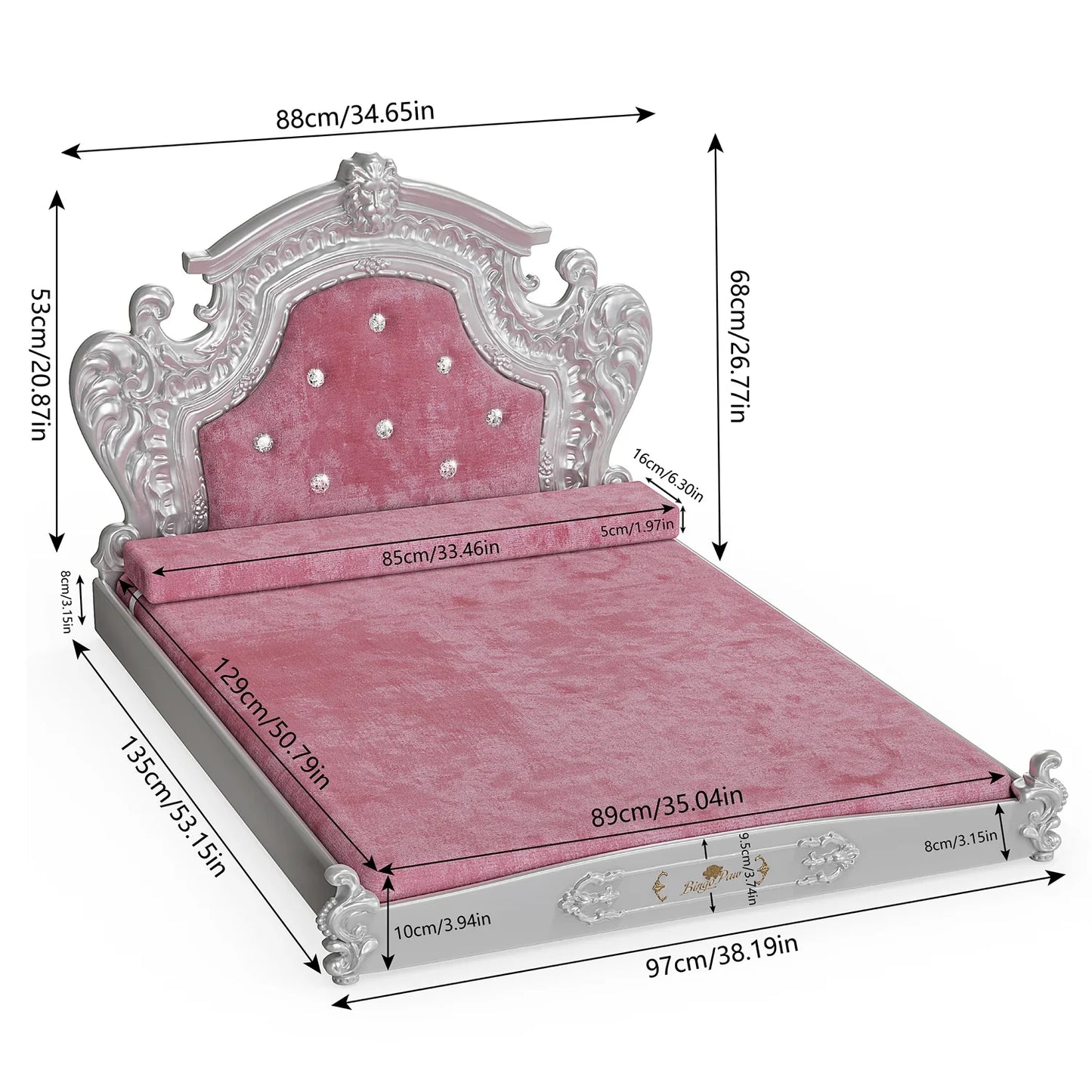 Luxurious large dog bed for big dogs with ornate design and plush pink upholstery