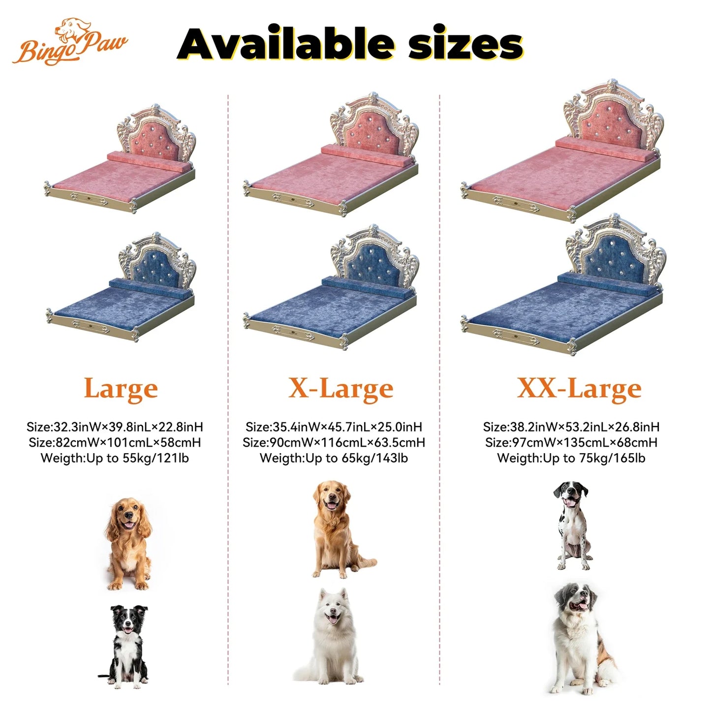 Elegant large dog bed for big dogs with plush design and royal frame available in various sizes