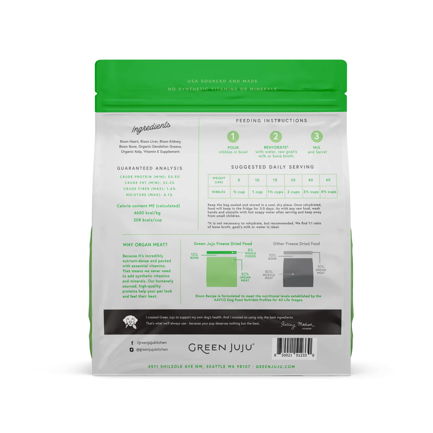 Green Juju Bison Recipe Freeze Dried Dog Food 14oz 🦬