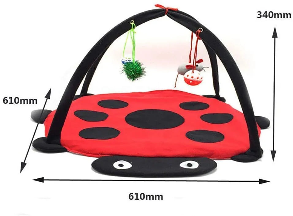 Black Ladybug Cat Play Mat by Purrfect Pet Kingdom, 29.99, features a padded base and hanging toys, ideal for playful cats.