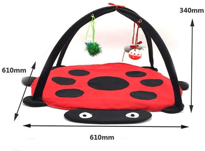 Black Ladybug Cat Play Mat by Purrfect Pet Kingdom, 29.99, features a padded base and hanging toys, ideal for playful cats.