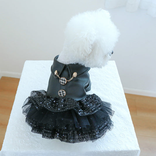 Dog leather jacket sequin dress