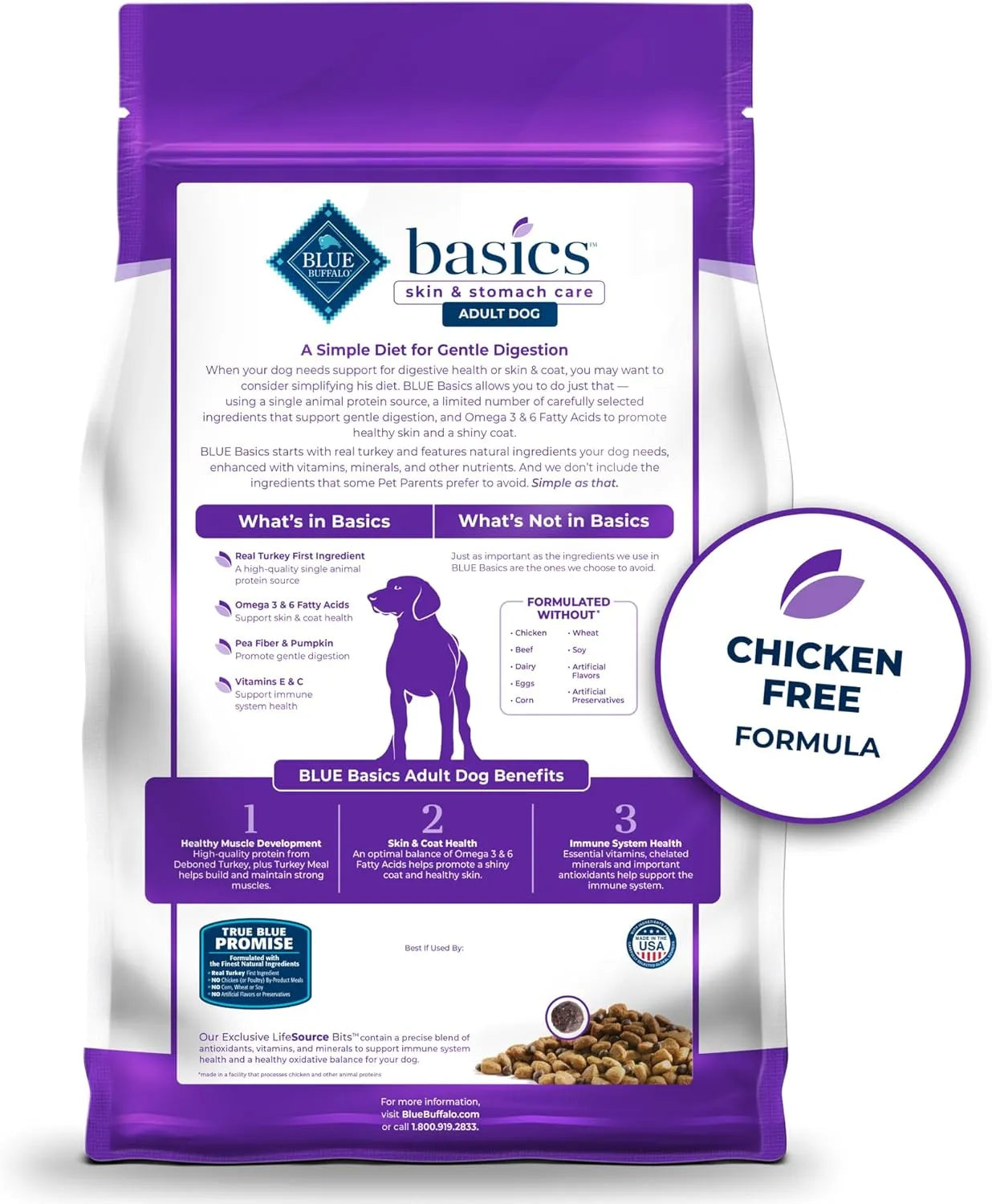 Blue Buffalo Basics Adult Grain-Free Turkey & Potato dry dog food by The Family Pet, 4lb bag, in a vibrant blue package.