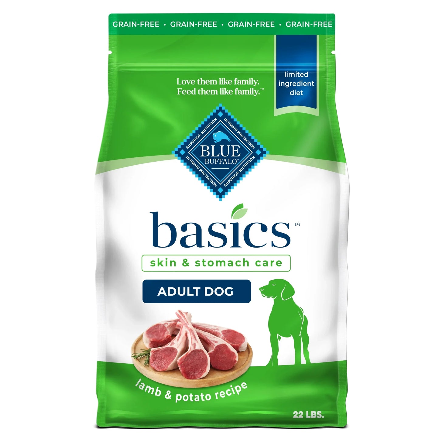 Blue Buffalo grain free lamb and potato dog food in a 22 lb bag for adult dogs with skin and stomach care
