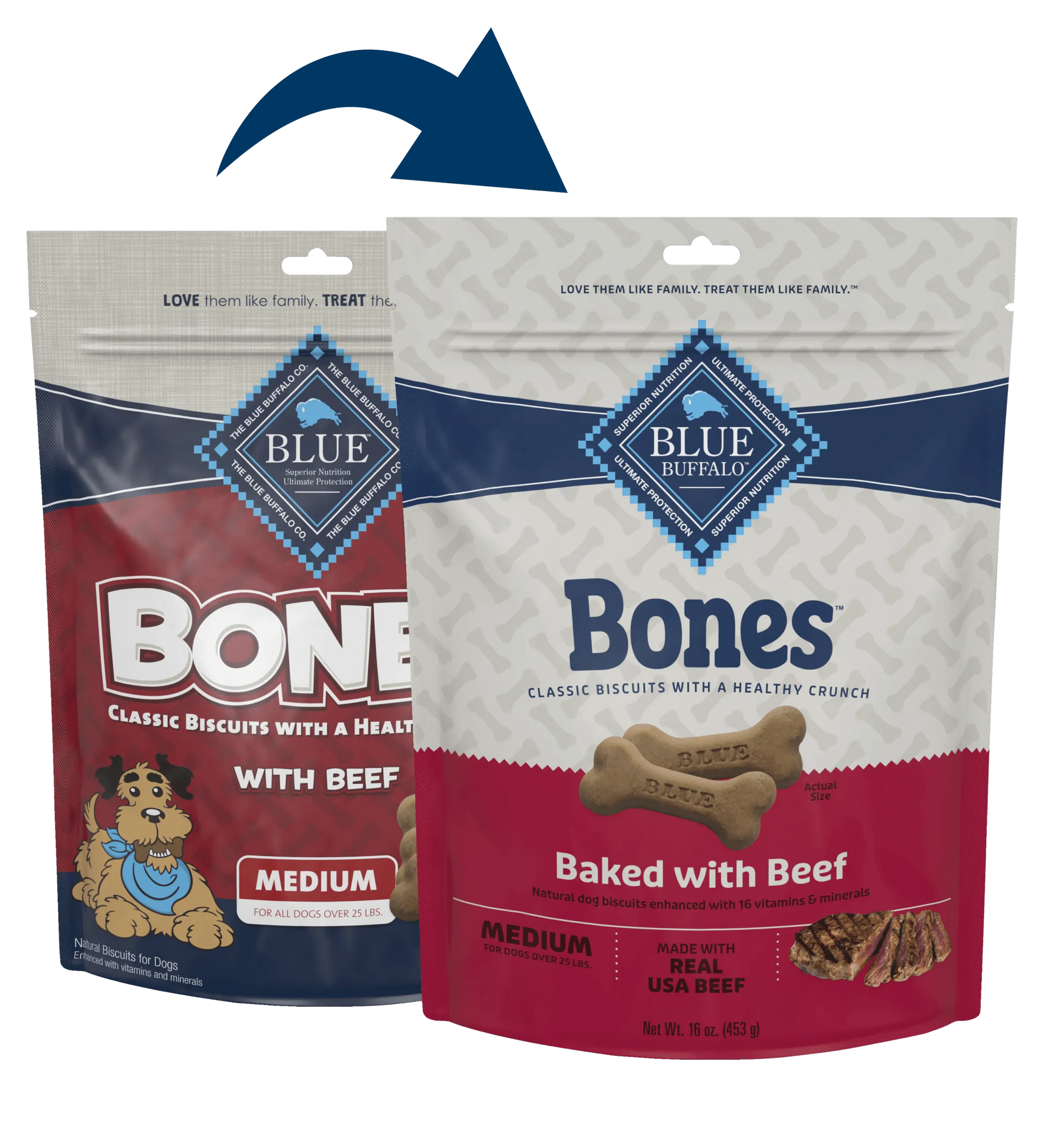 Blue Buffalo Medium Real Beef Biscuit Bones in a 16oz bag by The Family Pet, featuring delicious beef-flavored dog treats.