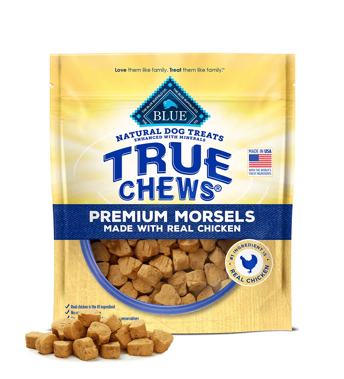 Blue Buffalo True Chews Morsels Chicken Dog Treats in 11oz bag by The Family Pet, ideal for rewarding your furry friend.