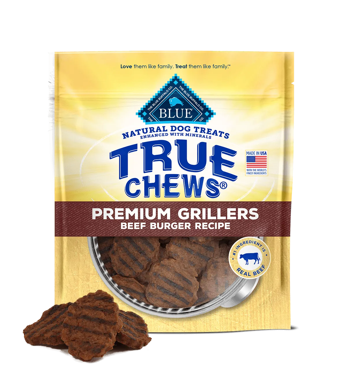 Blue Buffalo True Chews Grillers Beef Burger Dog Treats (10oz) by The Family Pet, featuring a vibrant blue packaging.