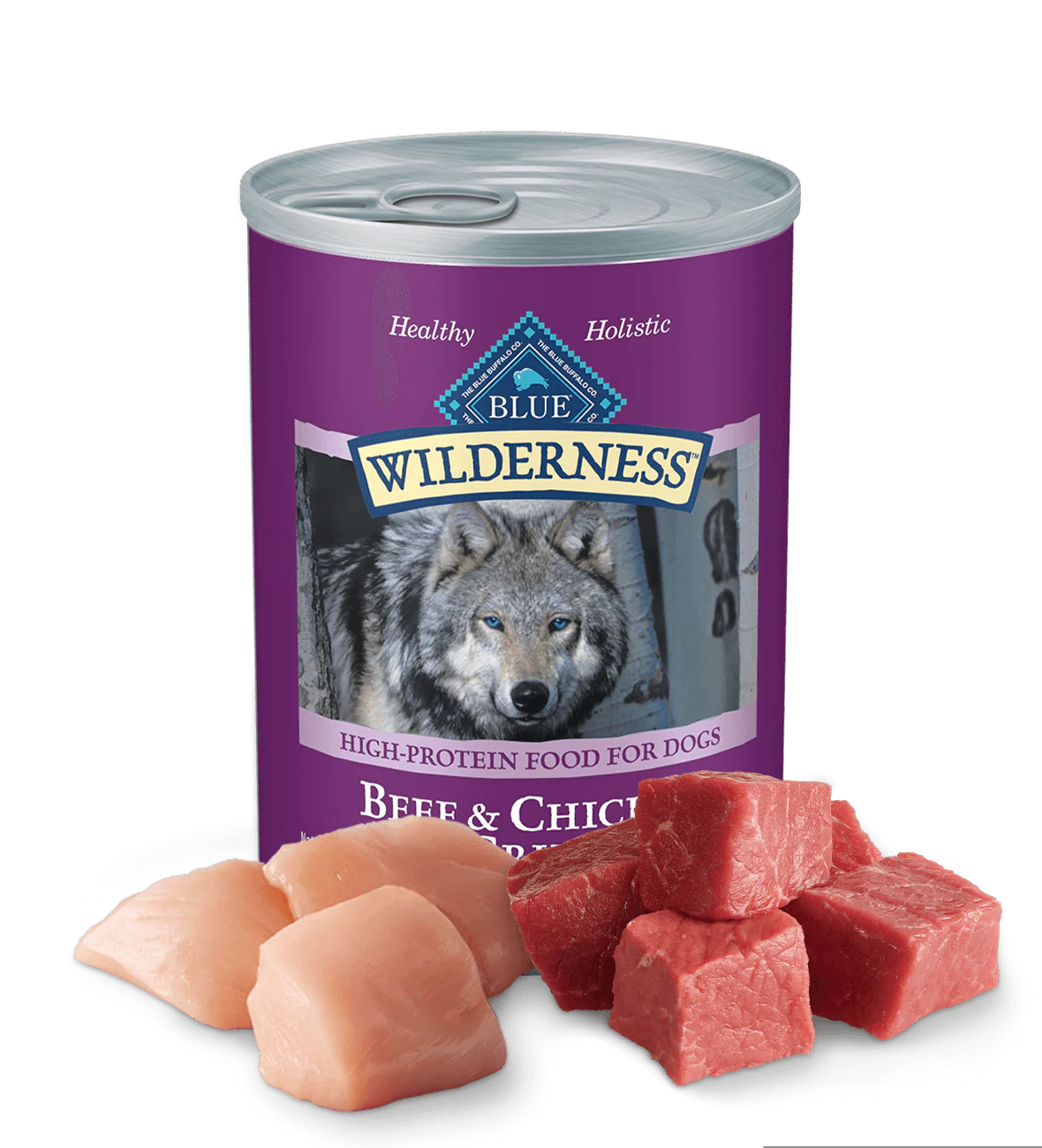 Blue Buffalo Wilderness beef and chicken wet dog food can with fresh meat pieces for high-protein nutrition