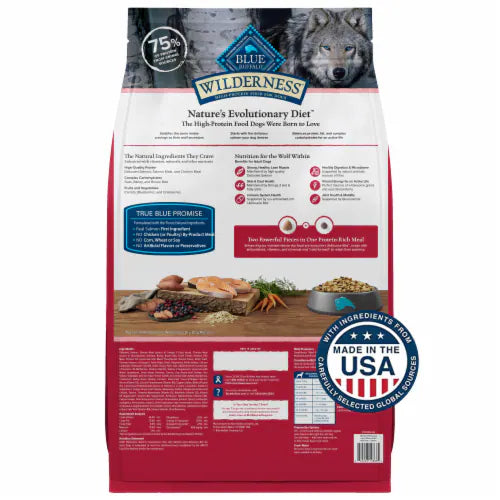 Blue Buffalo Wilderness salmon dog food featuring high-protein ingredients for a nutritious meal